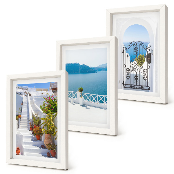 Bilderset mit rahmen Weiße Treppe mit Pflanzen, Meerblick und Tor