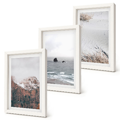 Bilderset mit rahmen Berge, Wolken, Meer und Sand in natürlichen Farbtönen
