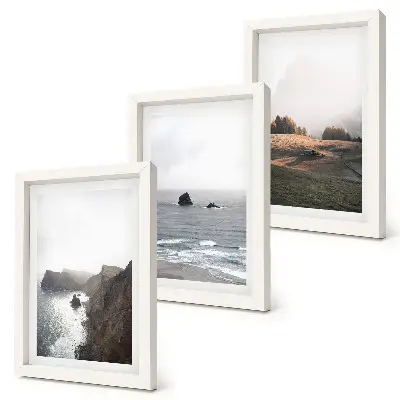 Bilderwand mit Berg- und Meereslandschaften, Wolken und Wäldern