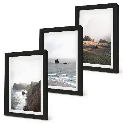 Bilderwand mit Berg- und Meereslandschaften, Wolken und Wäldern