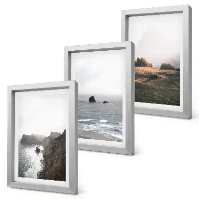 Bilderwand mit Berg- und Meereslandschaften, Wolken und Wäldern