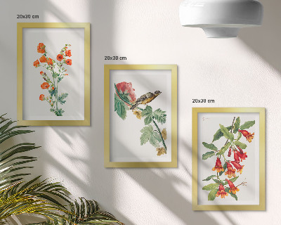 Bilderset mit rahmen Gemalte Retro-Blumen und ein Vogel auf einem Ast