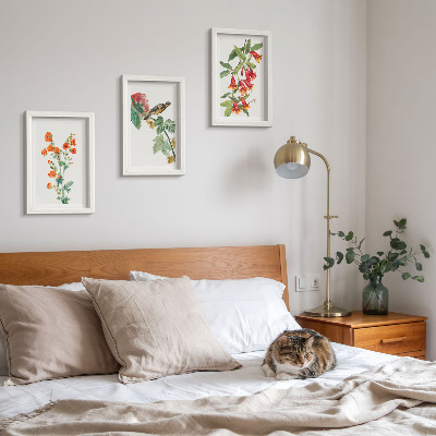 Bilderset mit rahmen Gemalte Retro-Blumen und ein Vogel auf einem Ast