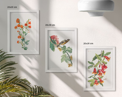Bilderset mit rahmen Gemalte Retro-Blumen und ein Vogel auf einem Ast