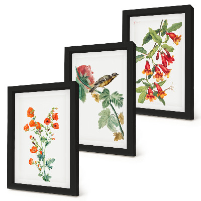 Bilderset mit rahmen Gemalte Retro-Blumen und ein Vogel auf einem Ast