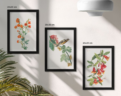 Bilderset mit rahmen Gemalte Retro-Blumen und ein Vogel auf einem Ast