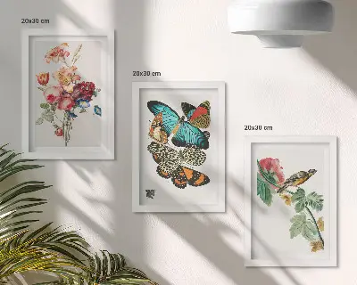 Bilderset mit Rahmen mit Motiven von Blumen, Schmetterlingen und einem Vogel in Pastelltönen
