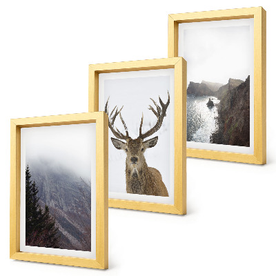 Fotowand Berglandschaft mit Nebel, Wasser und Hirschen