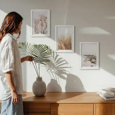 Bilderwand mit Pampasgrasfeldern und einem Boho-Strand
