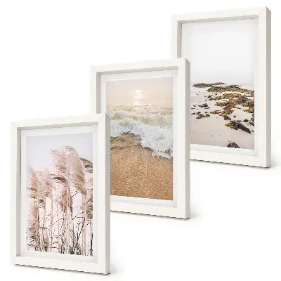 Strandgras, Wellen und Kieselsteine am Meer im Boho-Stil Bilderset mit Rahmen
