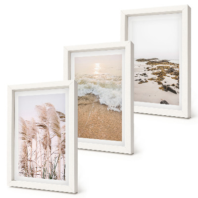 Bilderset mit rahmen Strandgras, Wellen und Kieselsteine ​​am Meer – Boho-Stil