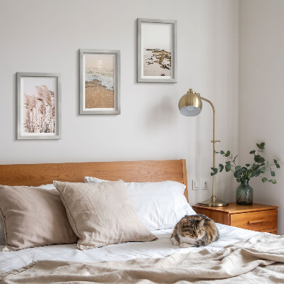 Bilderset mit rahmen Strandgras, Wellen und Kieselsteine ​​am Meer – Boho-Stil