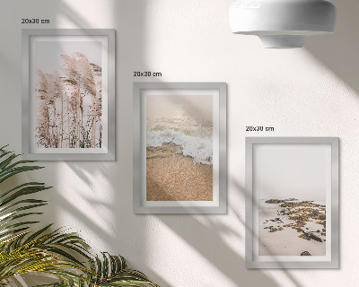 Bilderset mit rahmen Strandgras, Wellen und Kieselsteine ​​am Meer – Boho-Stil