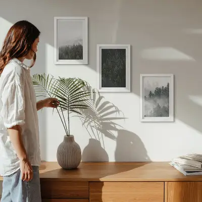 Bilderwand mit grünen Wäldern in einer nebligen Naturlandschaft