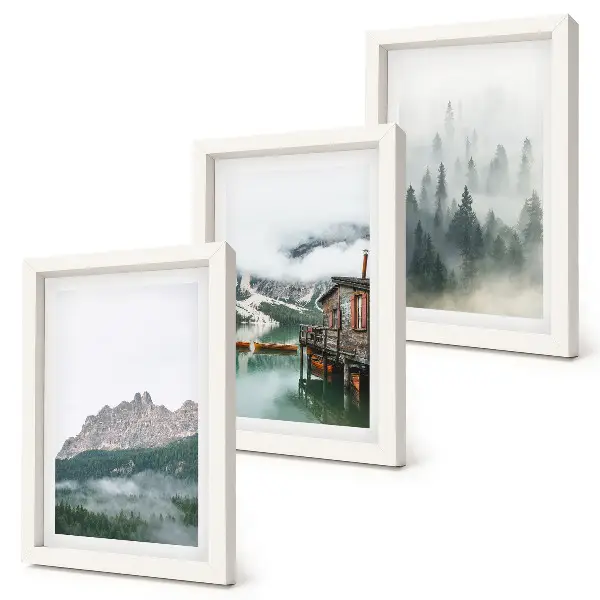 Fotowand mit Motiv Berge, See, Hütte und Nebel im Wald