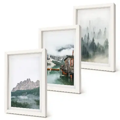 Fotowand mit Motiv Berge, See, Hütte und Nebel im Wald