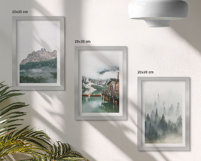 Fotowand Berge, See, Hütte und Nebel im Wald