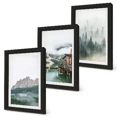 Fotowand mit Motiv Berge, See, Hütte und Nebel im Wald