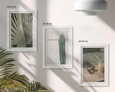 Bilderwand mit tropischen Pflanzen und Urlaubsaccessoires für die Küste