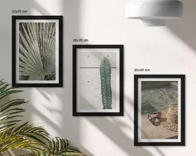 Bilderwand mit tropischen Pflanzen und Urlaubsaccessoires für die Küste