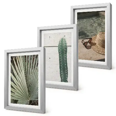Bilderwand mit tropischen Pflanzen und Urlaubsaccessoires für die Küste