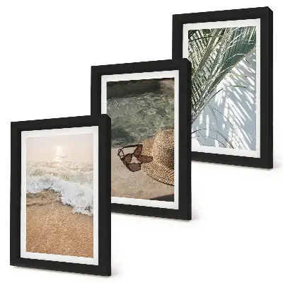 Bilderwand mit Motiv Wasser, Strandhut, Sonnenbrille und Blätter
