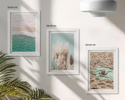 Fotowand mit Strandwellen, Gras, Hut und Sand für Entspannung und Naturgenuss