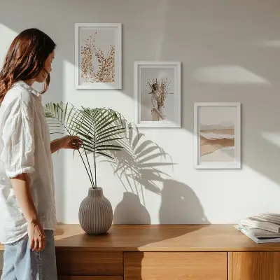 Bilderwand mit botanischen Motiven im abstrakten rustikalen Boho-Stil
