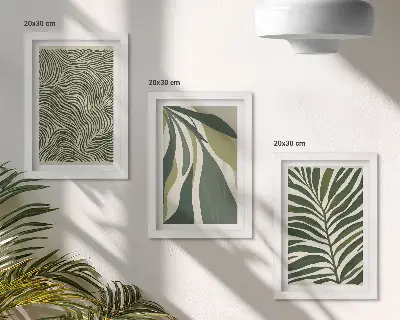 Bilderwand mit Blattmuster und Wellenlinien in Grüntönen