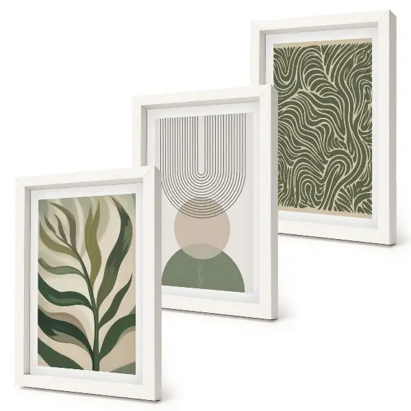 Bilderwand mit abstrakten Blättern und geometrischen Formen