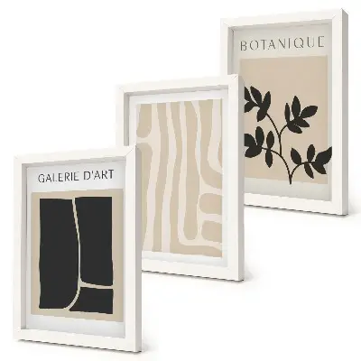 Bilderwand mit abstrakten Formen und Pflanzenmotiven in neutralen Tälern