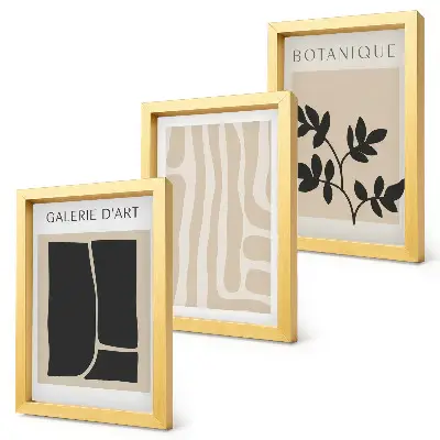Bilderwand mit abstrakten Formen und Pflanzenmotiven in neutralen Tälern