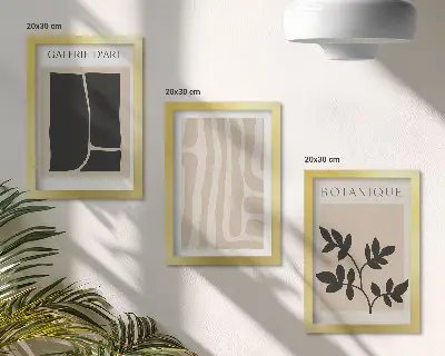 Bilderwand mit abstrakten Formen und Pflanzenmotiven in neutralen Tälern