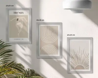 Bilderwand mit pastellfarbenen Postern in modischem Boho-Abstraktion-Stil