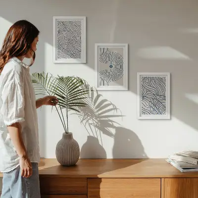 Bilderwand mit abstrakten dekorativen Linien und Wellenformen