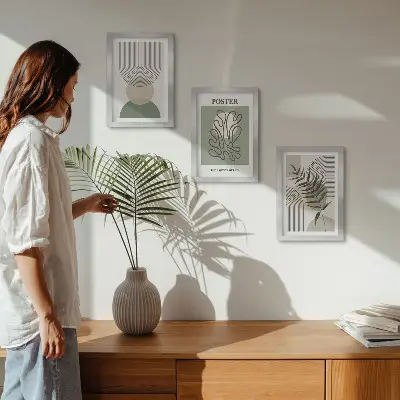 Bilderset mit Rahmen mit geometrischen abstrakten botanischen Mustern
