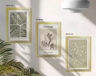 Bilderwand mit Pflanzenmotiven in gedeckten Farben und Mustern