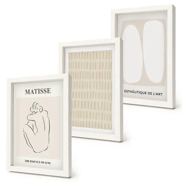 Bilderwand mit Linien und Formen in Beige- und Weißtönen