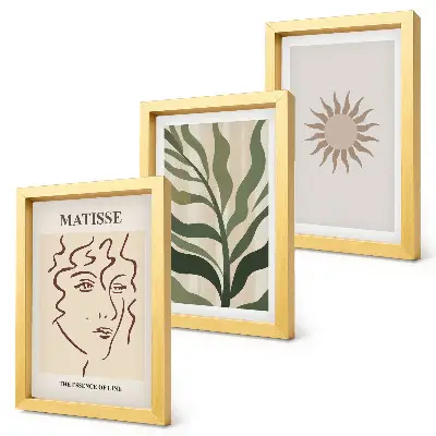 Bilderwand mit abstrakten Pflanzenmustern und Linien in gedeckten Farben