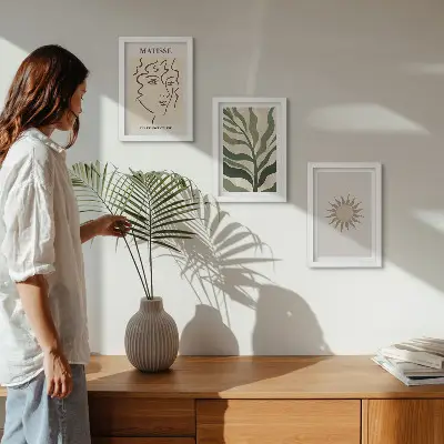 Bilderwand mit abstrakten Pflanzenmustern und Linien in gedeckten Farben