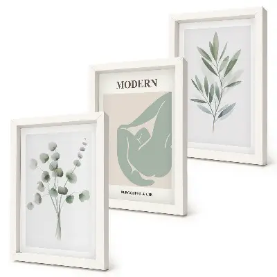 Bilderwand mit Pflanzenmotiven in zarten Grüntönen