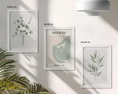Bilderwand mit Pflanzenmotiven in zarten Grüntönen