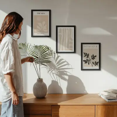 Bilderwand mit stilvollen Pflanzenmustern in Beige- und Schwarztönen