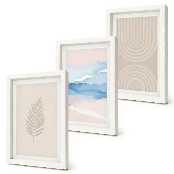Bilderset mit Rahmen mit Blättern und Wellen in Beige- und Blautönen