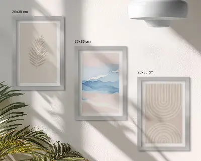 Bilderset mit Rahmen mit Blättern und Wellen in Beige- und Blautönen