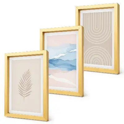 Bilderset mit Rahmen mit Blättern und Wellen in Beige- und Blautönen
