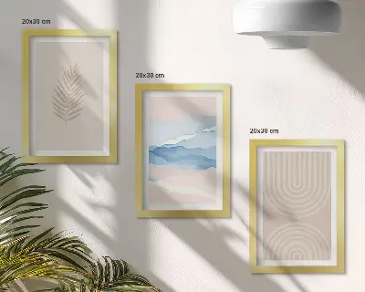 Bilderset mit Rahmen mit Blättern und Wellen in Beige- und Blautönen