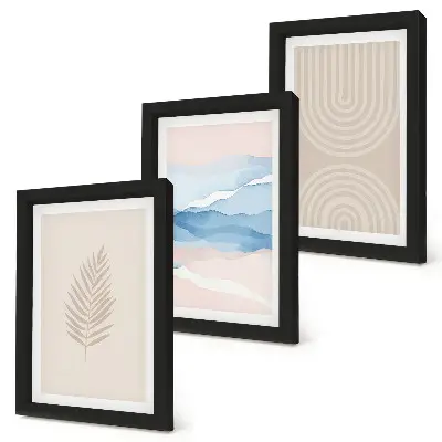 Bilderset mit Rahmen mit Blättern und Wellen in Beige- und Blautönen