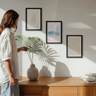 Bilderset mit Rahmen mit Blättern und Wellen in Beige- und Blautönen