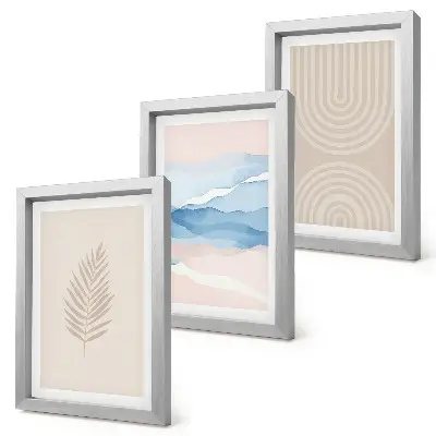 Bilderset mit Rahmen mit Blättern und Wellen in Beige- und Blautönen
